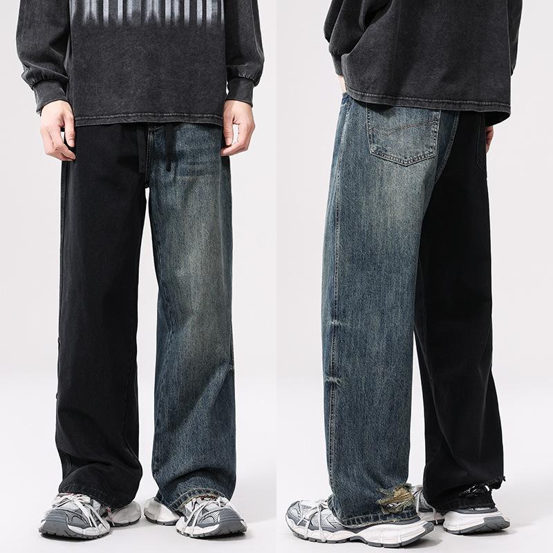 American High Street Blue and Black Contrast Retro Jeans Men and Women Same Style Loose Wide-leg Pants