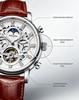 KINYUED Full Hollow Moon Phase Skeleton Watch Men Silver Case Brown Leather Strap Chronograph Waterproof Business Quartz