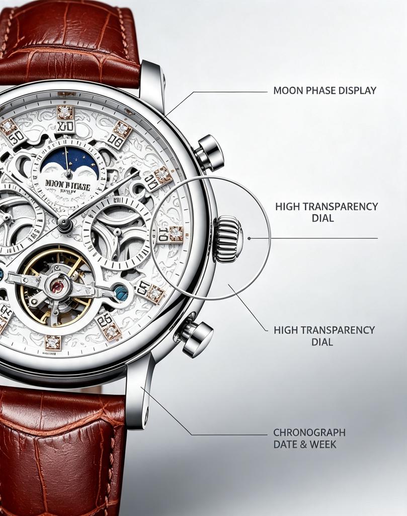 KINYUED Full Hollow Moon Phase Skeleton Watch Men Silver Case Brown Leather Strap Chronograph Waterproof Business Quartz