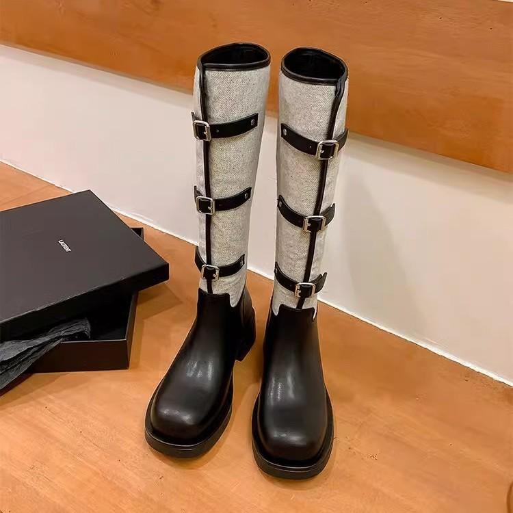 Meng Ziyi's same black and gray spliced knight boots for women's 2025 autumn and winter new belt buckle high boots long boots fashion boots