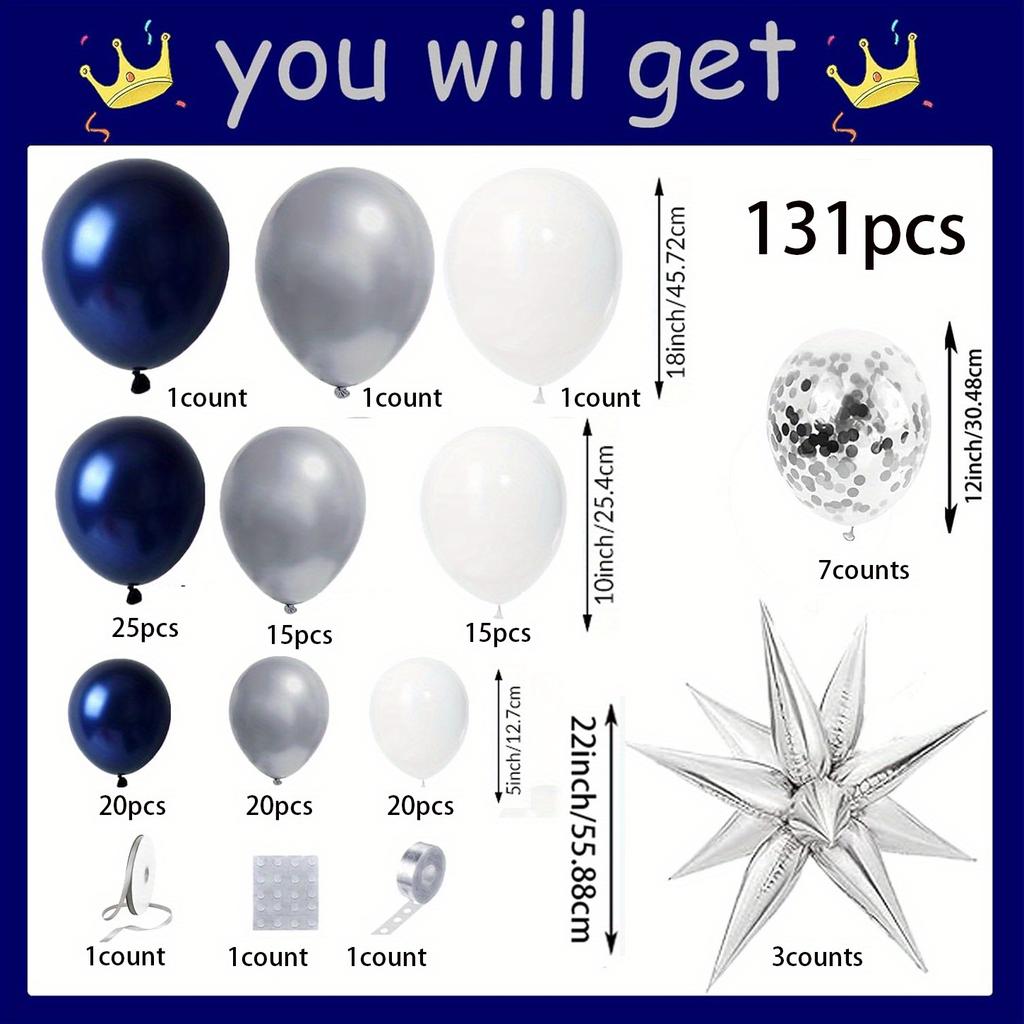 131pcs Navy Blue Silver and White Balloon Garland Arch Kit for Winter, Birthday, Anniversary, Graduation Ceremony Decoration