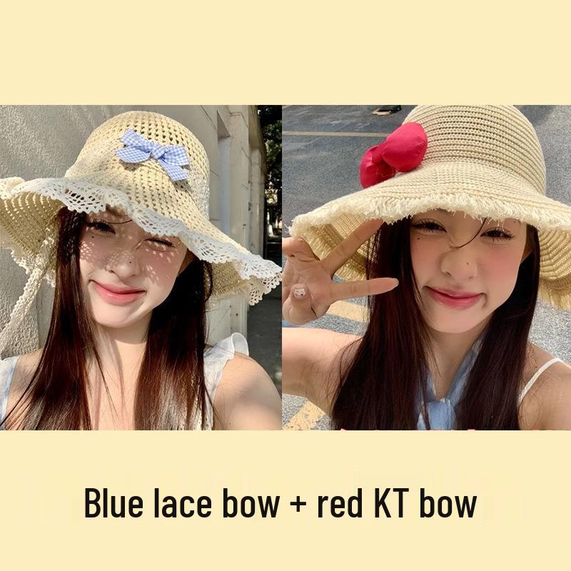 Women's Large Brim Bow Straw Hat - Japanese Pastoral Style, UV Protection, Summer Seaside Outdoor Sun Hat