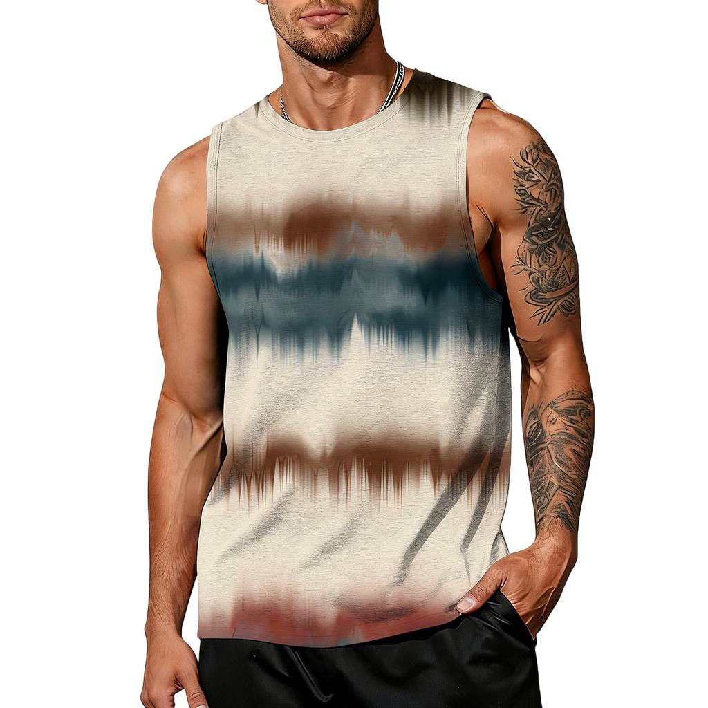 Mens Sleeveless Tie Dye Print Tank Top Crew Neck Casual Loose Fit Muscle Shirt for Summer Gym Workout Beachwear