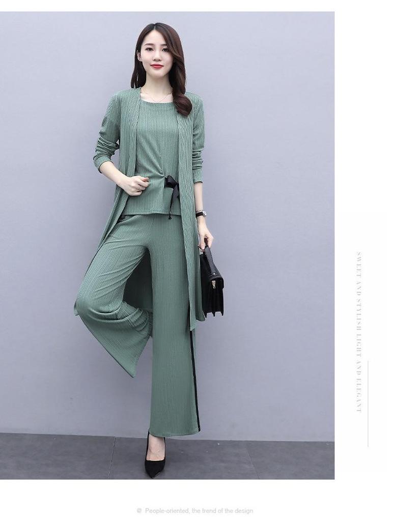 2023 Women's Fashion Three-Piece Set: Wide-Leg Pants, Temperament Coat & Casual Crop Top