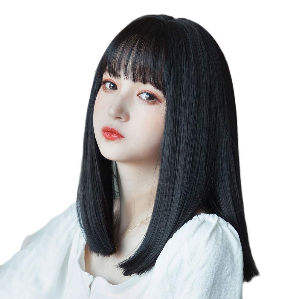 

Black Hair Wig, Medium Length, Straight, Silk Whorl, Full Wig, Medium Length, Women s, Crossdressing Wig, Blunt Bangs, Small Face, Heat Resistant