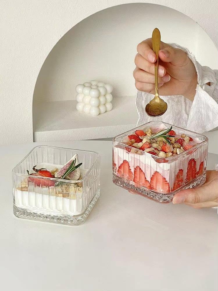 Square Striped Glass Bowl for Girls Home Dessert Snack Ice Cream Yogurt Fruit Oatmeal Breakfast Serving Bowl