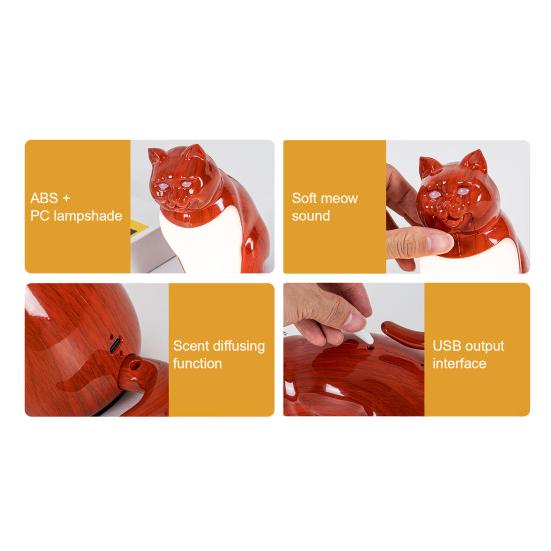Cat-Shaped Night Light with Aromatherapy Bedside Table Lamp with Sound Function Rechargeable Soft Warm Glow Decorative Figurine Gift for Home Office