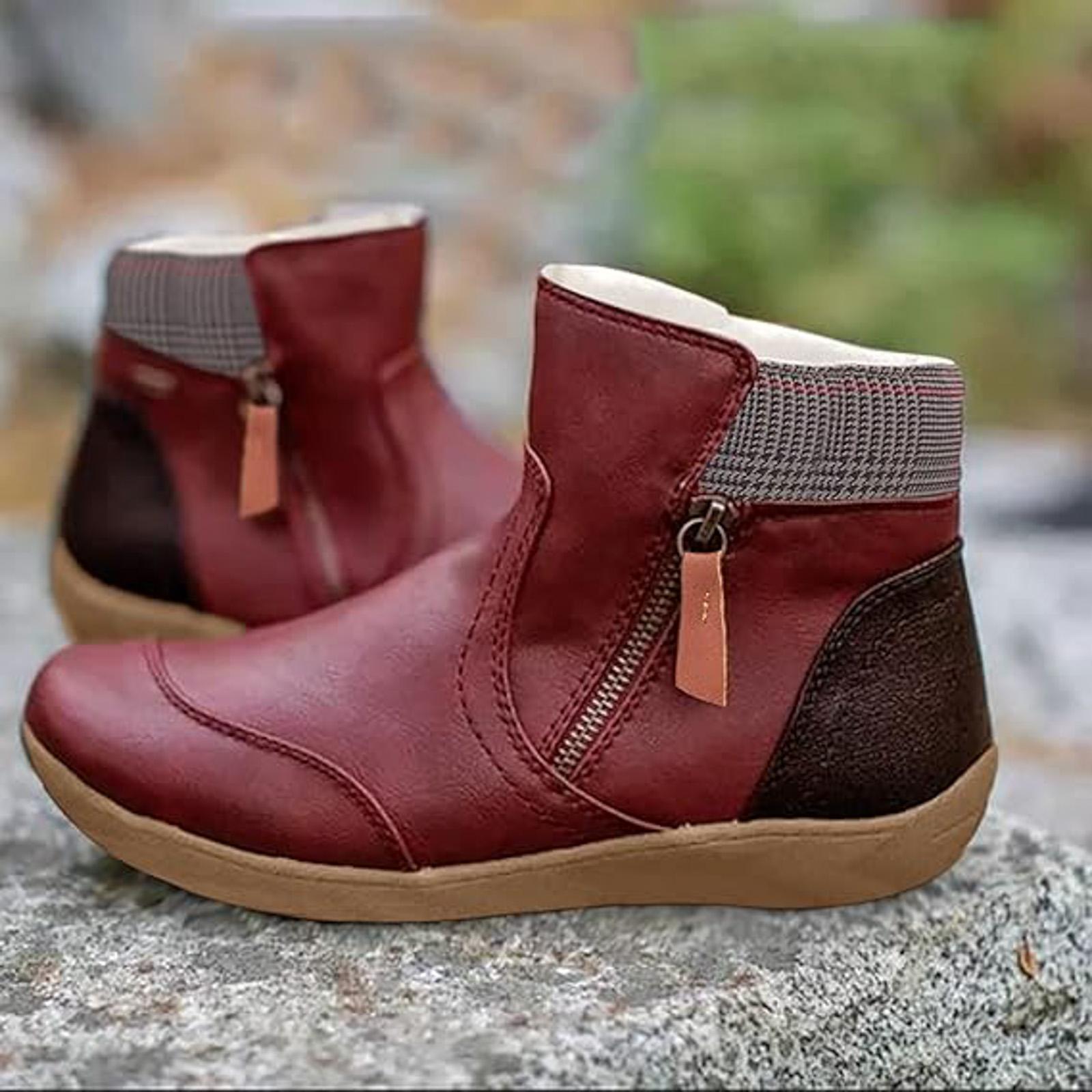 

Women s Ankle Boots Round Toe Solid Color Retro Pu Leather Boots Side Zip Up Flat Plush Chelsea Boots Women Shoes Large Size 37 винний