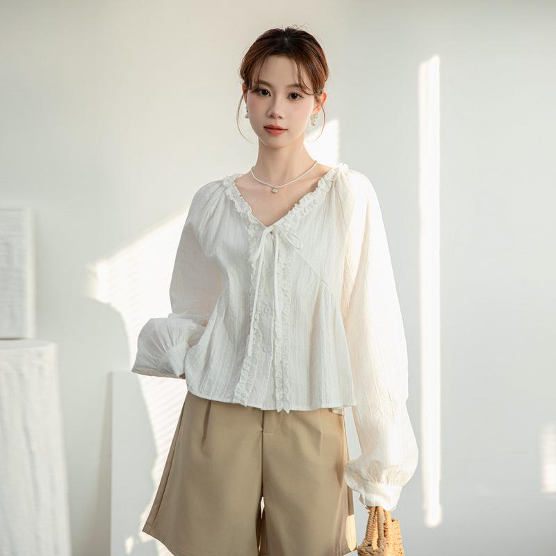 2026 Early Spring French Chic Lace V-Neck Long-Sleeve Women's Shirt