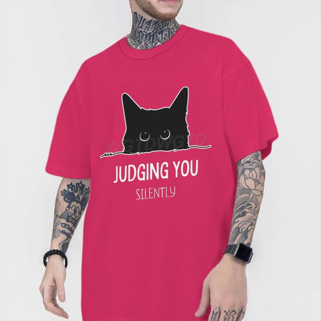 Judging You Silently Print T Shirt Men Women Sarcastic Humor Streetwear Short Sleeve Harajuku Cat Tee Male 100 Cotton Fun Shirt