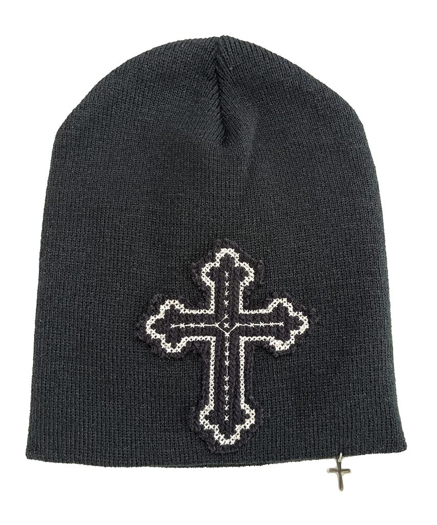 SK8ER ROCK Cross Charm Patchwork Beanie ((Black))