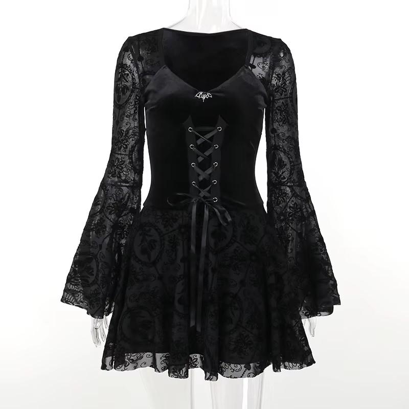Gothic Goth Dark Elegant Vintage Velvet Dress Grunge Punk Bandage Women Flare Sleeve Party Outfit