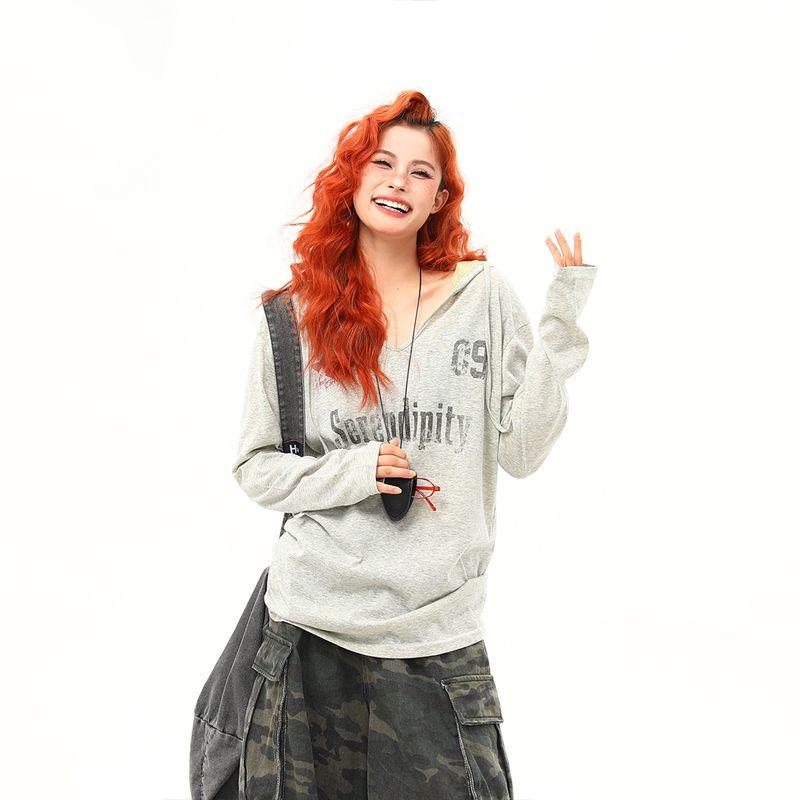 

Wild Azi American vintage Letters Sports Style Summer Long sleeve Sun Protection Cover up Women Outdoor Hood Thin Top Gray S