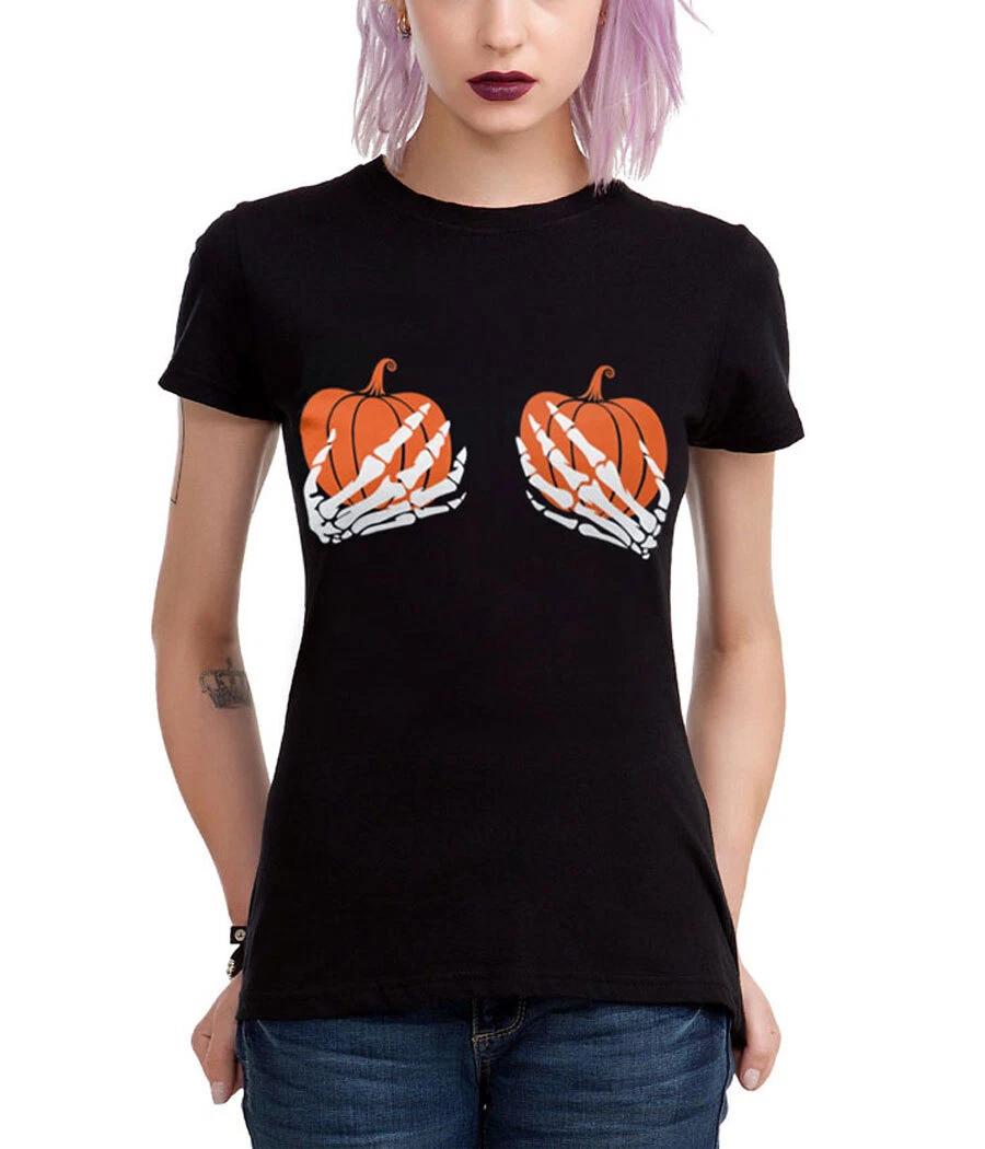 Pumpkin Boobs Skeleton Hands Junior Women s 100% Cotton T-shirt Mens Tees Top S