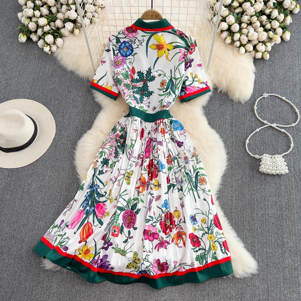 Summer Women European Style Designer Runway Dress Vintage Print Turn-down Collar Shirt Party Dresses