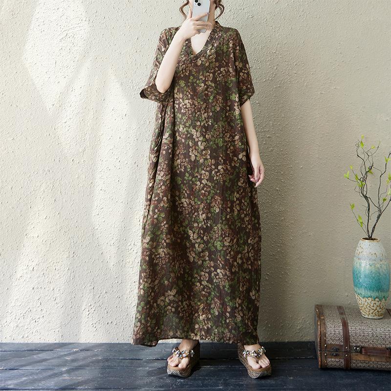 

Летнее тонкое хлопково-льняное платье с V-образным вырезом, большого размера, свободное, в литературном стиле, для отдыха, ветровка, пляжная юбка, ретро, скрывающее недостатки фигуры, длинная роба Large size average size темно-коричневого