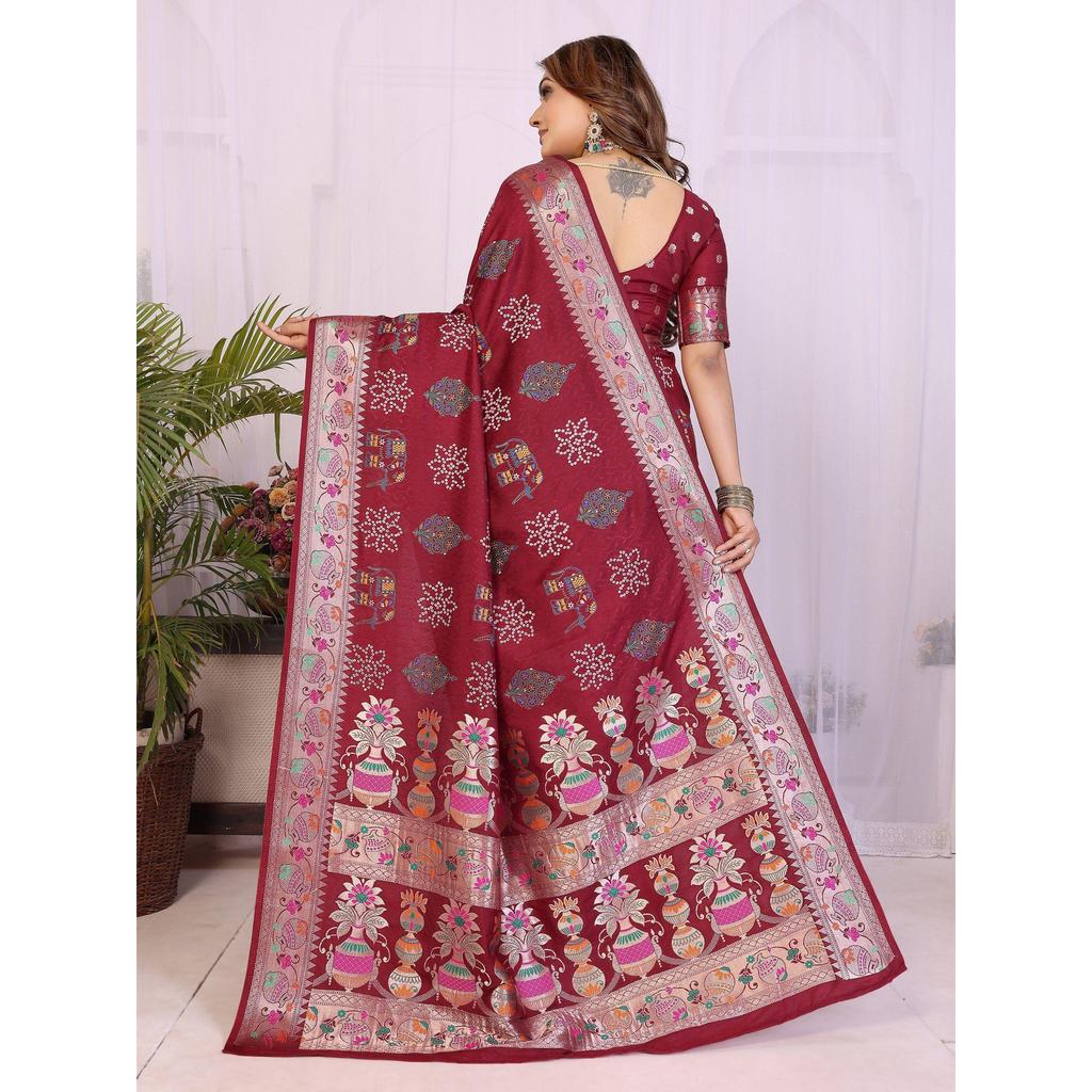 Handpicked Lite Weight Soft Dola Silk Bandhej Khadi Print Saree – a perfect fusion of tradition & vibrant elegance