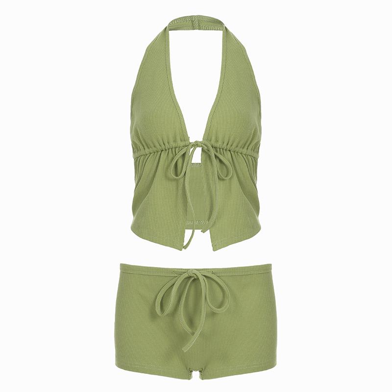 Women s Cotton Linen Two-Piece Set: Casual Shorts & Lace-Up Camisole S