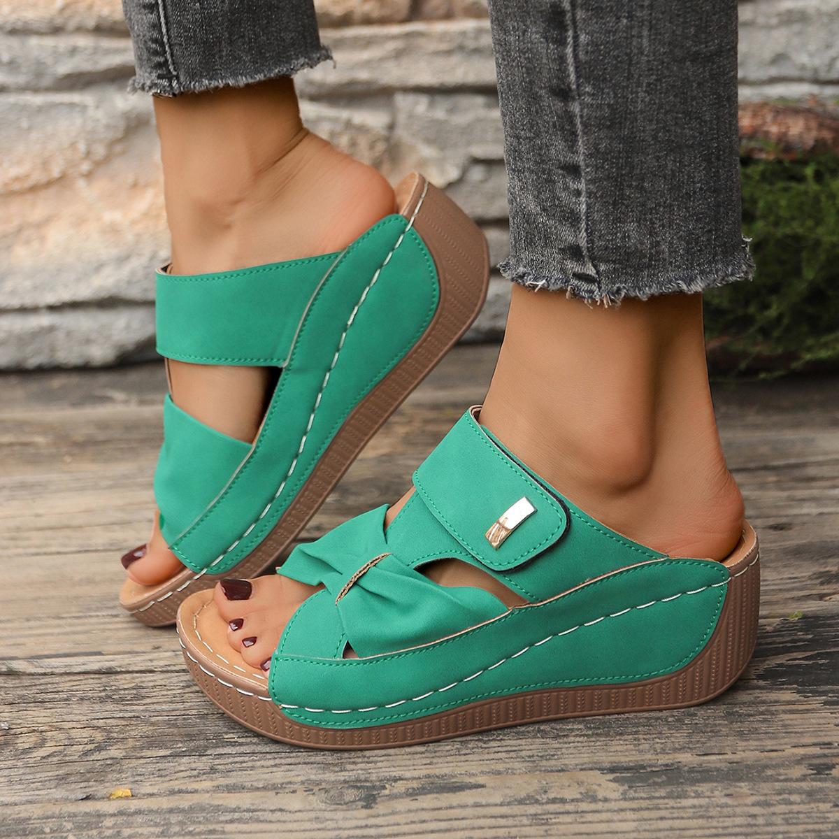 European and American summer new slope heel Velcro fish mouth Roman sandals large size platform sandals 36