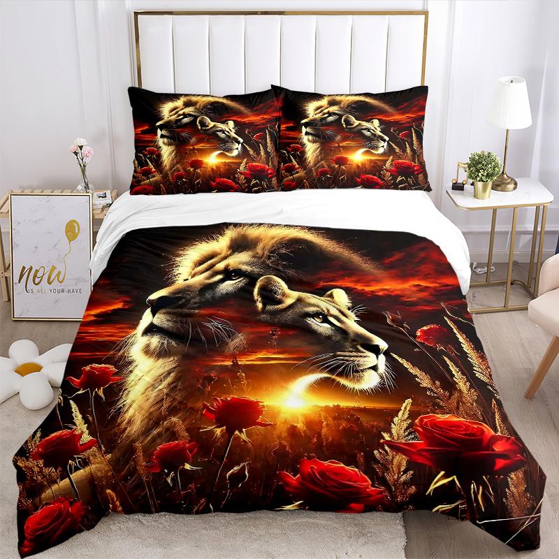 3pcs Lion's Majesty Amidst a Sea of Red Roses Bedding Set - Includes Quilt Cover and Pillowcases, Suitable for All Seasons,