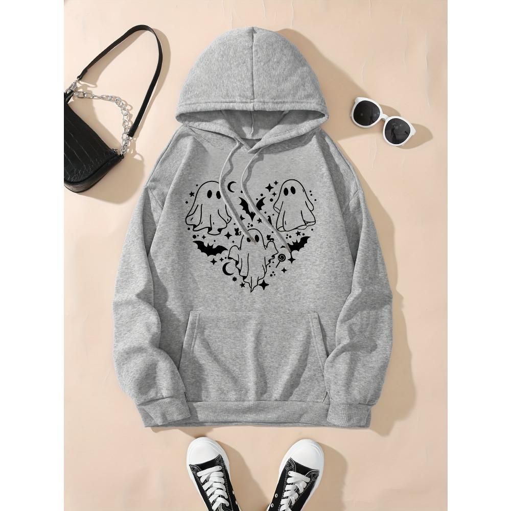Halloween Cute Three Ghosts Cartoon Printed Long Sleeve Hoodie Autumn Winter Round Neck Hoodie Women's Clothing