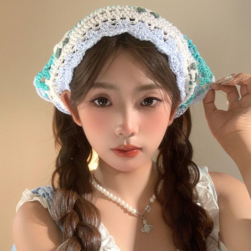 Mint Mambo Wind Floral Knitted Triangular Headscarf Female Bag Head Pastoral Style Seaside Photo Atmosphere Headband Summer