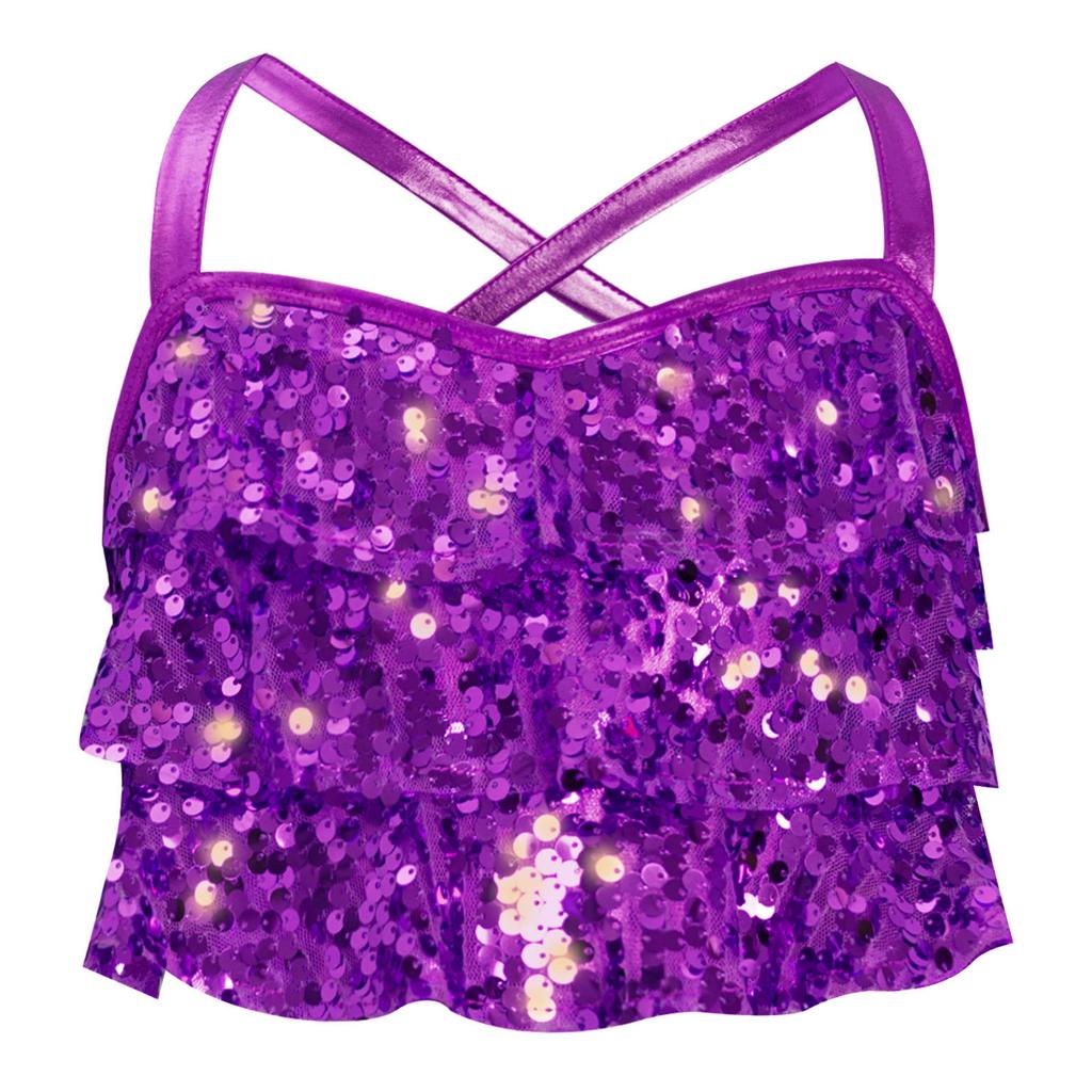 Girls Glittery Sequins Crop Top Tiered Ruffles Cross Back Metallic Camisole for Jazz Dance Performance