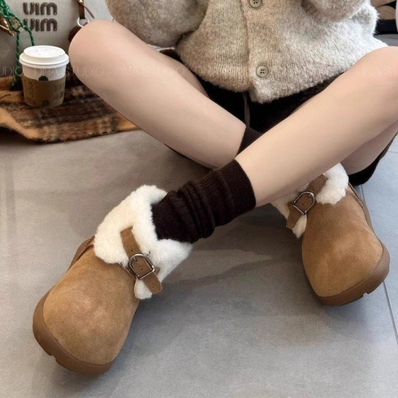 Fashion Women's Flat Snow Boots Winter New Round Head Suede Belt Buckle Soft Sole Anti-slip Wear-resistant Short Boots