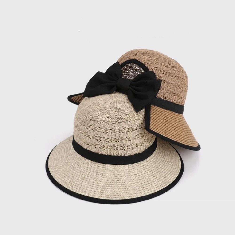 Fashion Breathable Straw Hat Bow-tied Wide Brim Sun Hat Ponytail Hole Solid Color Summer Hat Women