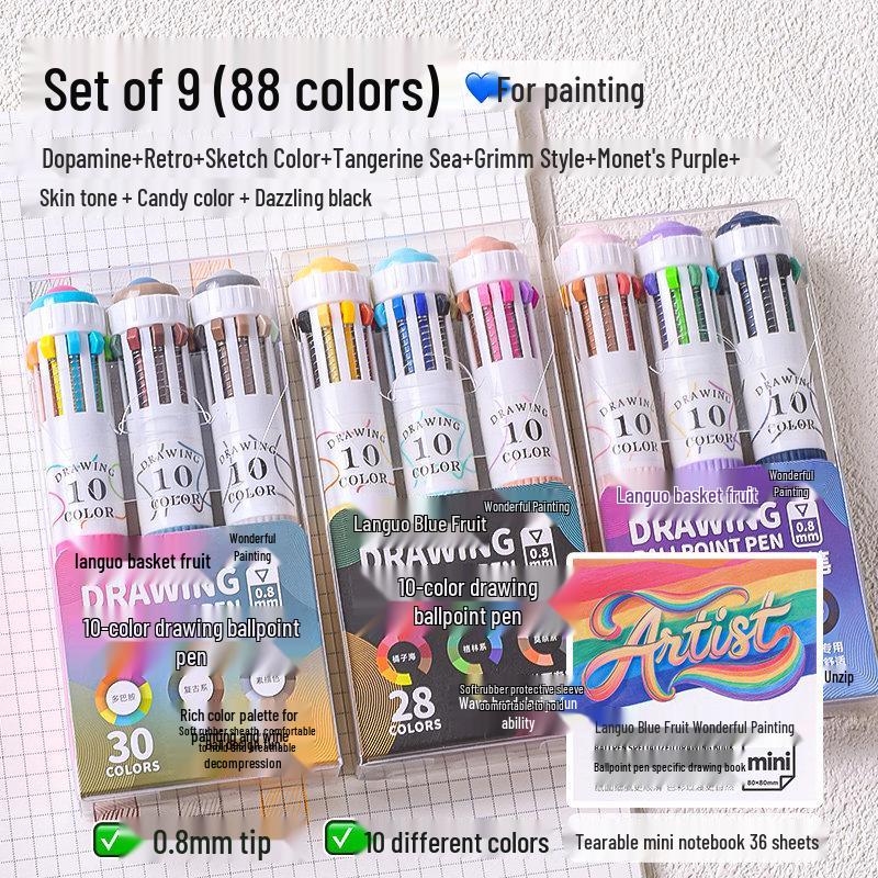 10-Color Stackable Ballpoint Pen Set – Press-Type, Multi-Functional Pens for Drawing & Journaling for Elementary Students