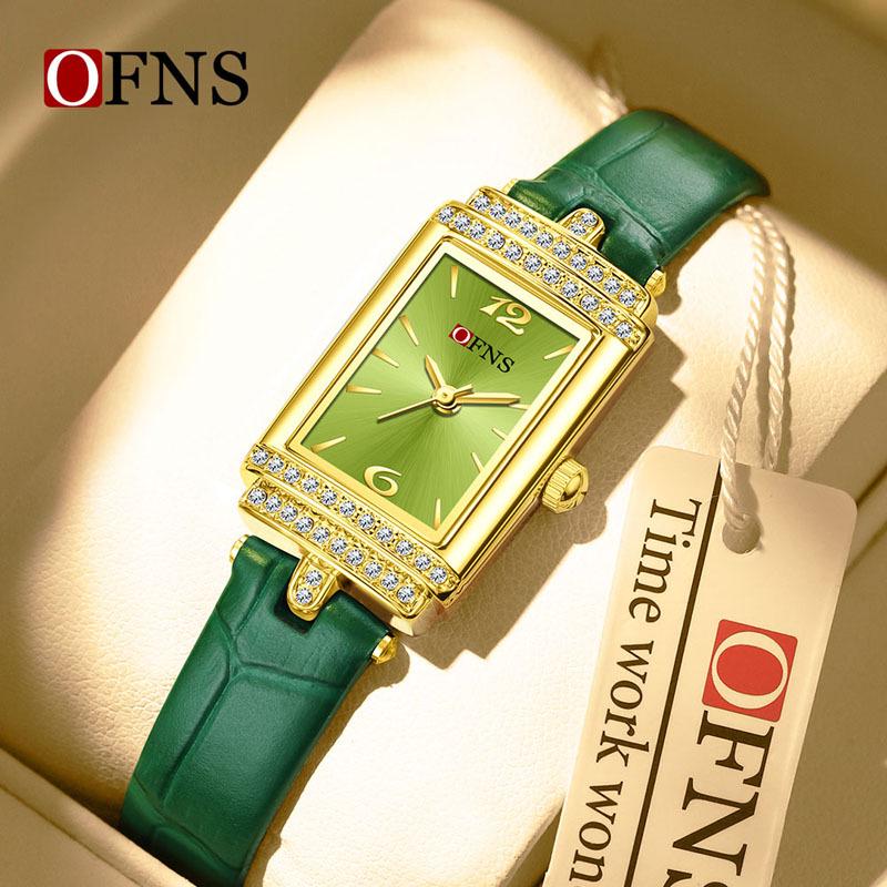 OFNS Women's Luxury Square Leather Strap Watch - Waterproof Quartz with Diamond Detailing