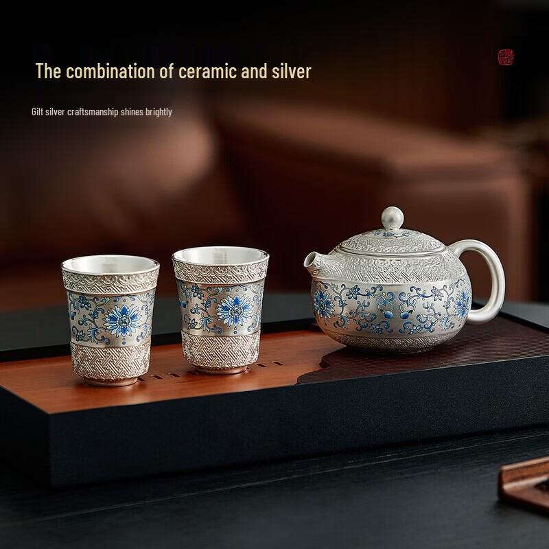 YIHUTEA Japanese Stainless Steel Single-Person Teapot Set with Gilded Ceramic Design