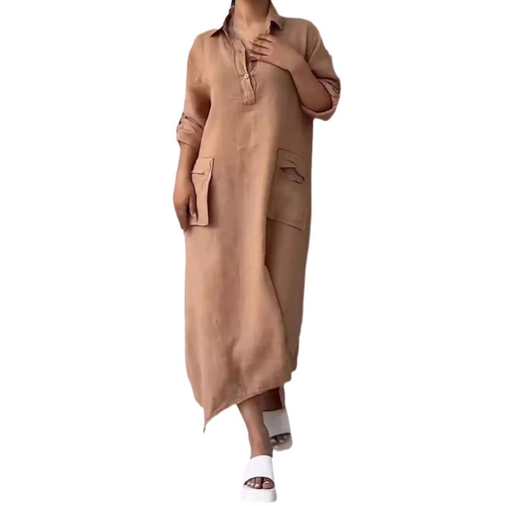 Fashion Ladies Casual Loose Retro Cotton And Linen Short-sleeved V-neck Pocket Dress