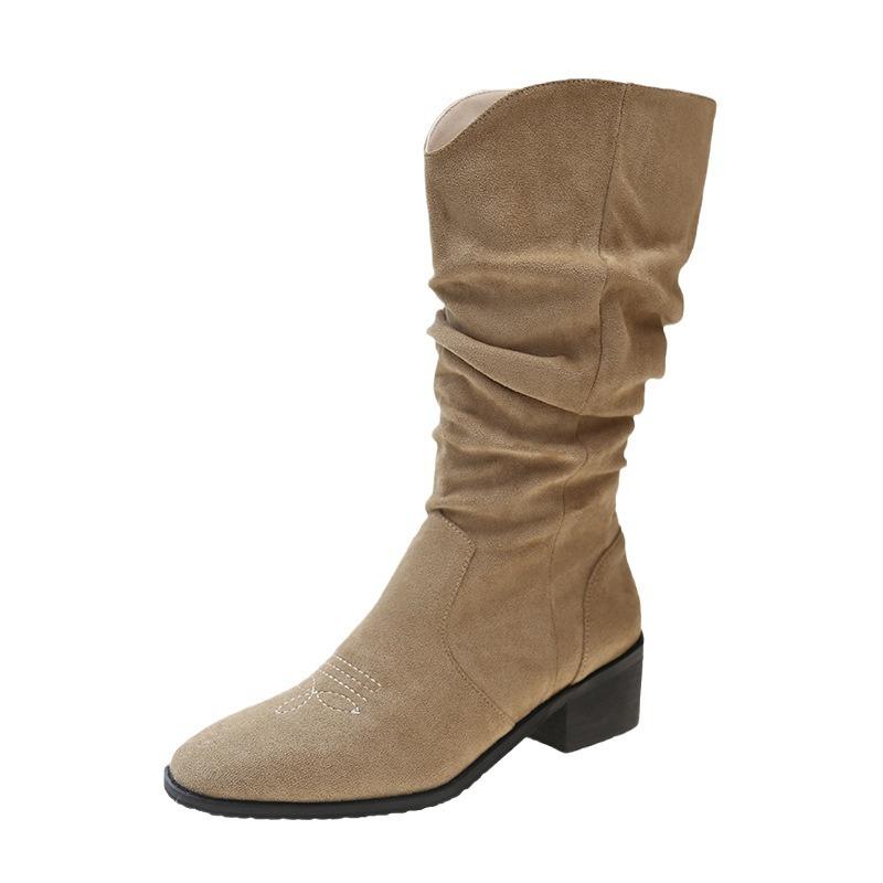 Retro suede pile boots women's 2024 summer new V-mouth embroidery thin thick heel cowboy boots medium tube fashion boots