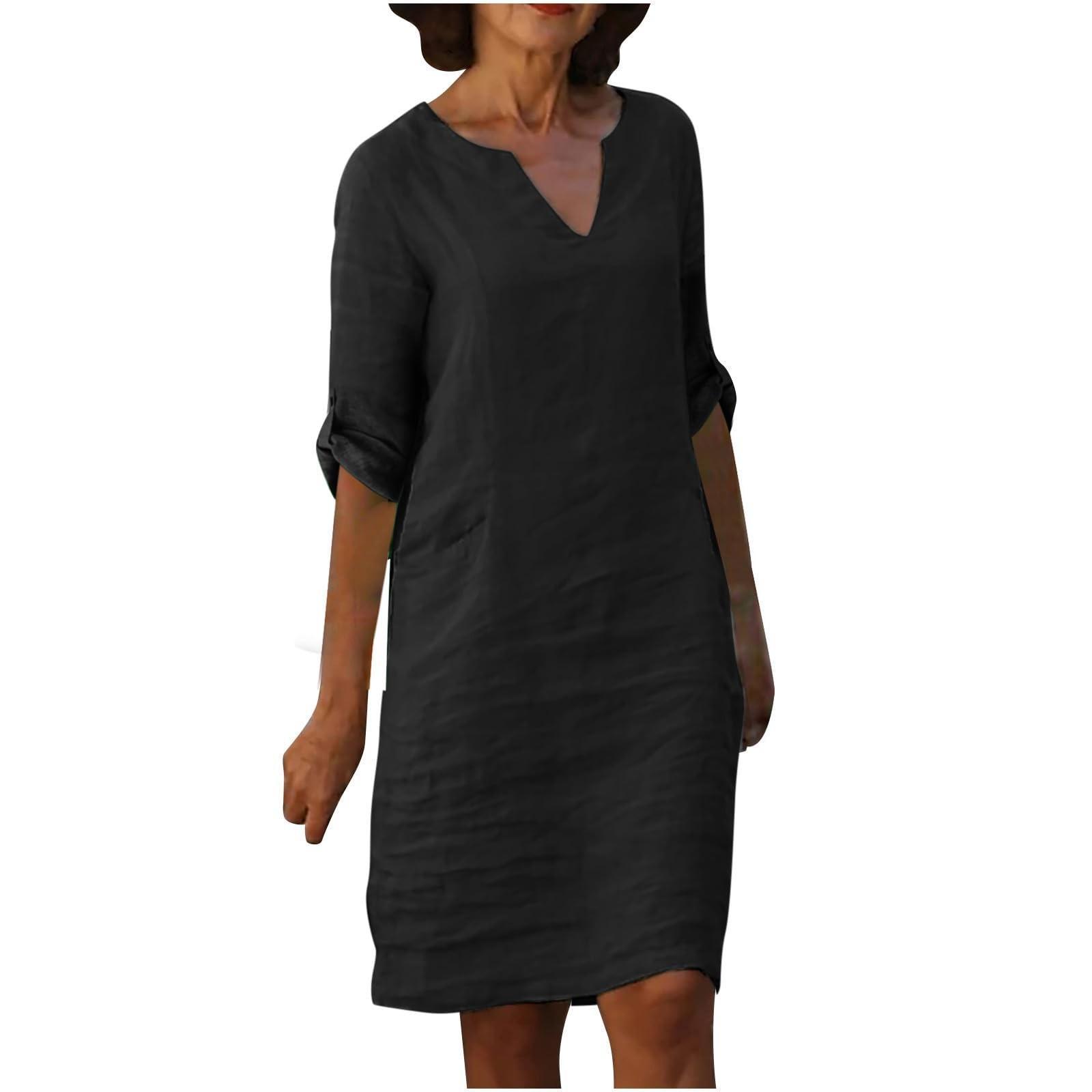 Женское летнее однотонное хлопково-льняное платье в стиле ретро с v-образным вырезом — фото 3