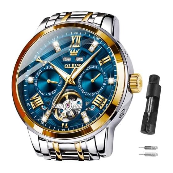 OLEVS Men s Mechanical Automatic Skeleton Roman Numeral Stainless Steel Strap Luminous Waterproof Business Gift Stylish Gold Blue