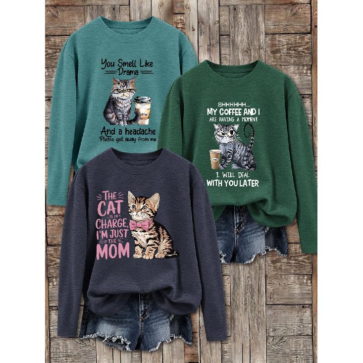 3Women's long-sleeved top (sold individually) T shirt suit | Cat Coffee Fun Letter Print Theme | Watercolor cartoon style round neck top | Elegant