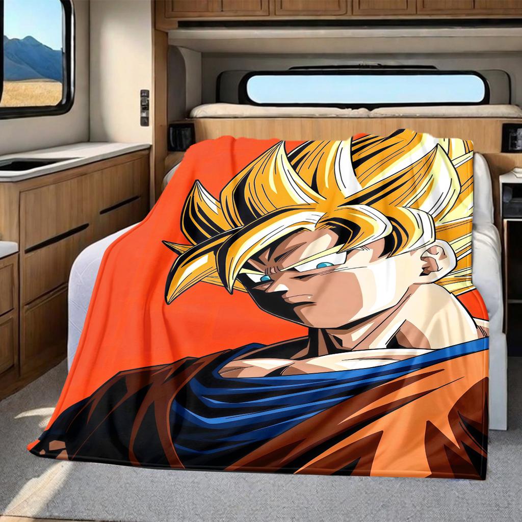 1PC Cartoon Son Goku Print Flannel Blanket, High quality All Seasons, Home Decor, Warmth and Comfort, Perfect for Christmas Gifts