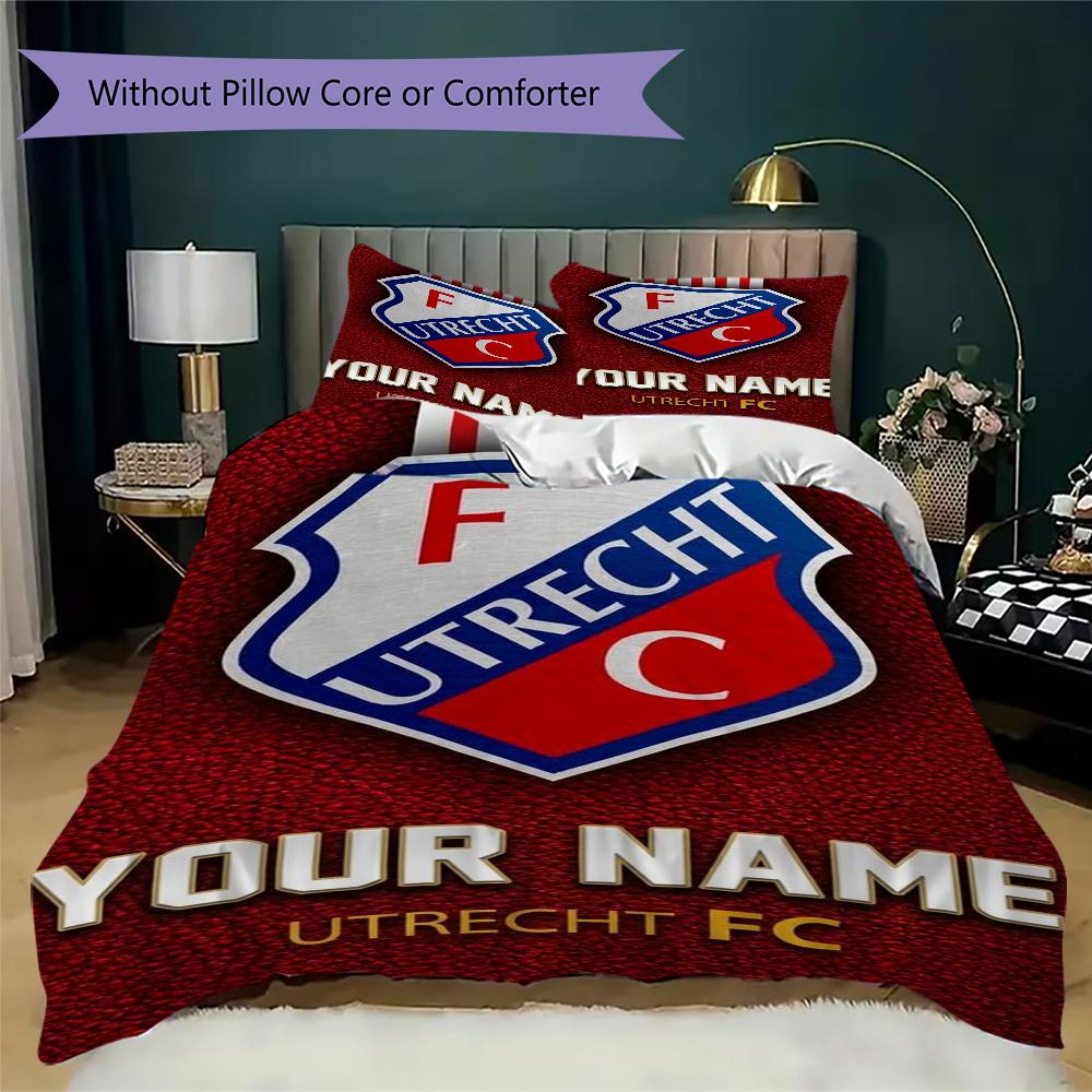 Benutzerdefinierter Name FC Utrecht Muster Bettwäsche Steppdecke Set Steppdecke Bezug Kissenbezug Heimdekoration Geburtstagsgeschenk (1*Bettbezug+2*Kissenbezug ohne Füllung)