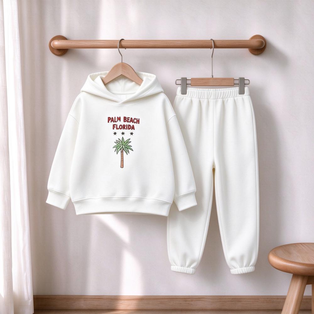 Boys And Girls Sweatshirt And Pants Set Letters Palm Flower Pattern Children's Fashion Tracksuit Autumn Casual Outfit For Kids