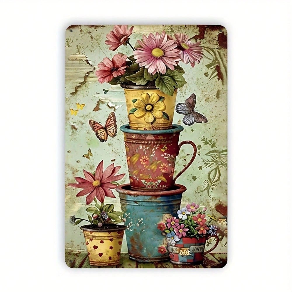 

Vintage Shabby Chic-Centric Metal Sign, Floral Stacked Pots Whimsical Butterfly Design, Home Decor Statement Accent 20x30cm（7.8x11.8inch）