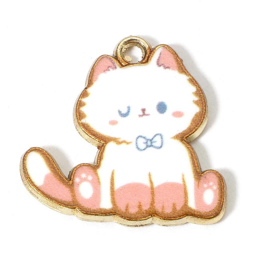 Cute Cartoon Cat Zinc Based Alloy Charms Cat Animal Enamel Gold Color Metal Pendants For DIY Making Jewelry 20mm x 20mm, 10 PCs