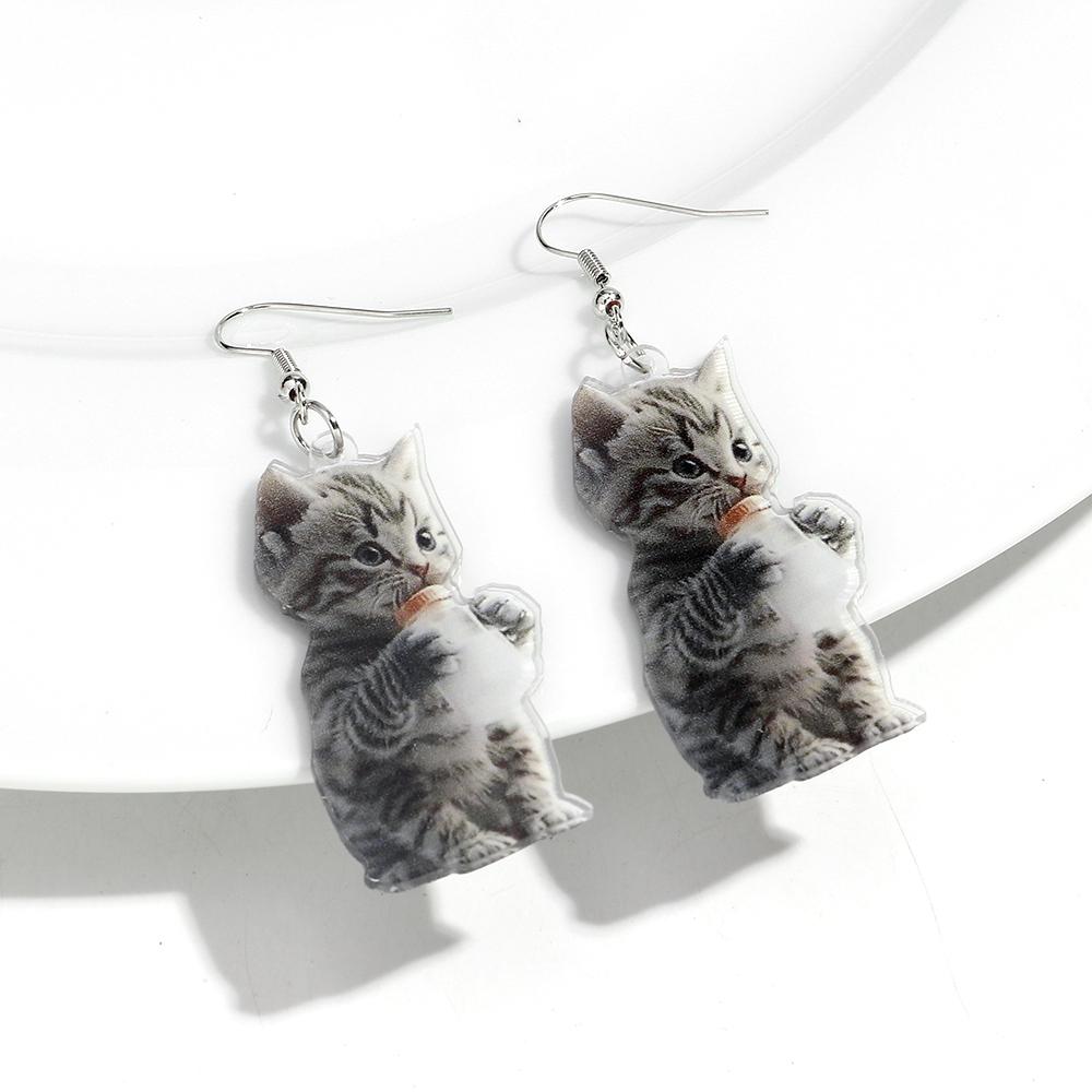 Cute 2D Flat Cat Acrylic Print Earrings for Women Funny Creative Pet Kitten Animals Drop Earring Lovely Jewelry Birthday Gifts