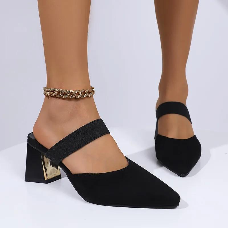 

Модные женские туфли из корейской замши с острым носком, замшевые, модные, цветной блок, блочный каблук, острый носок, высокий каблук, обернутые шлепанцы 39