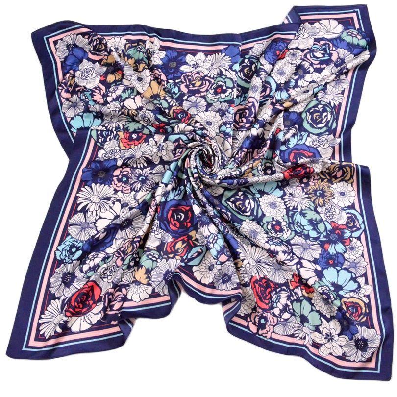 Ladies Daisy Large Square Scarves  New 90*90cm Spring Autumn Matt Satin Scarves Fashion Accessories Navy Blue Silk Scarf