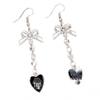 Gothic Heart-to-Heart Black and Red Silver Bow Earrings