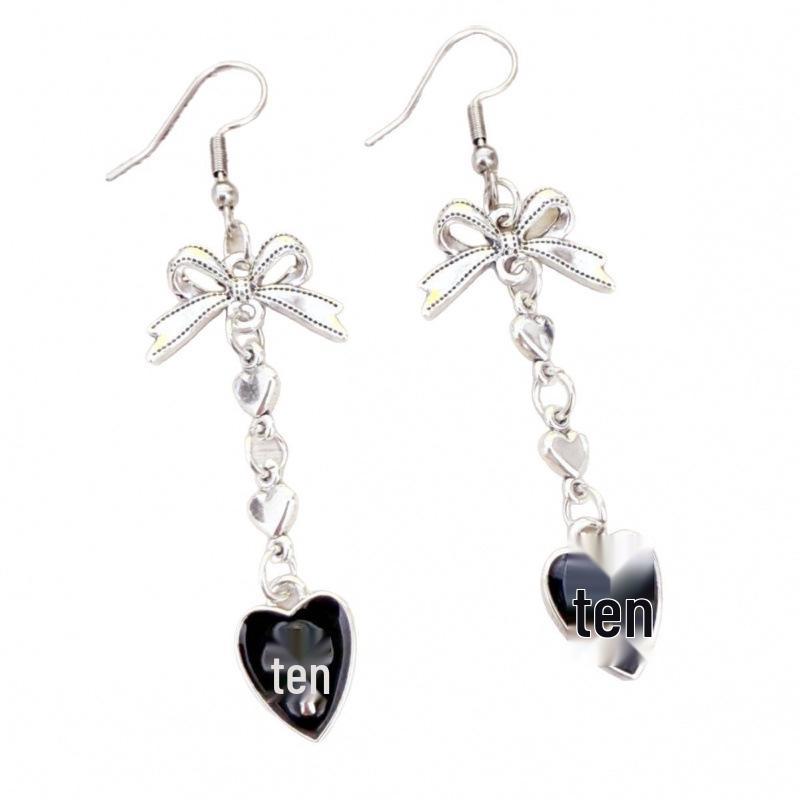 Gothic Heart-to-Heart Black and Red Silver Bow Earrings