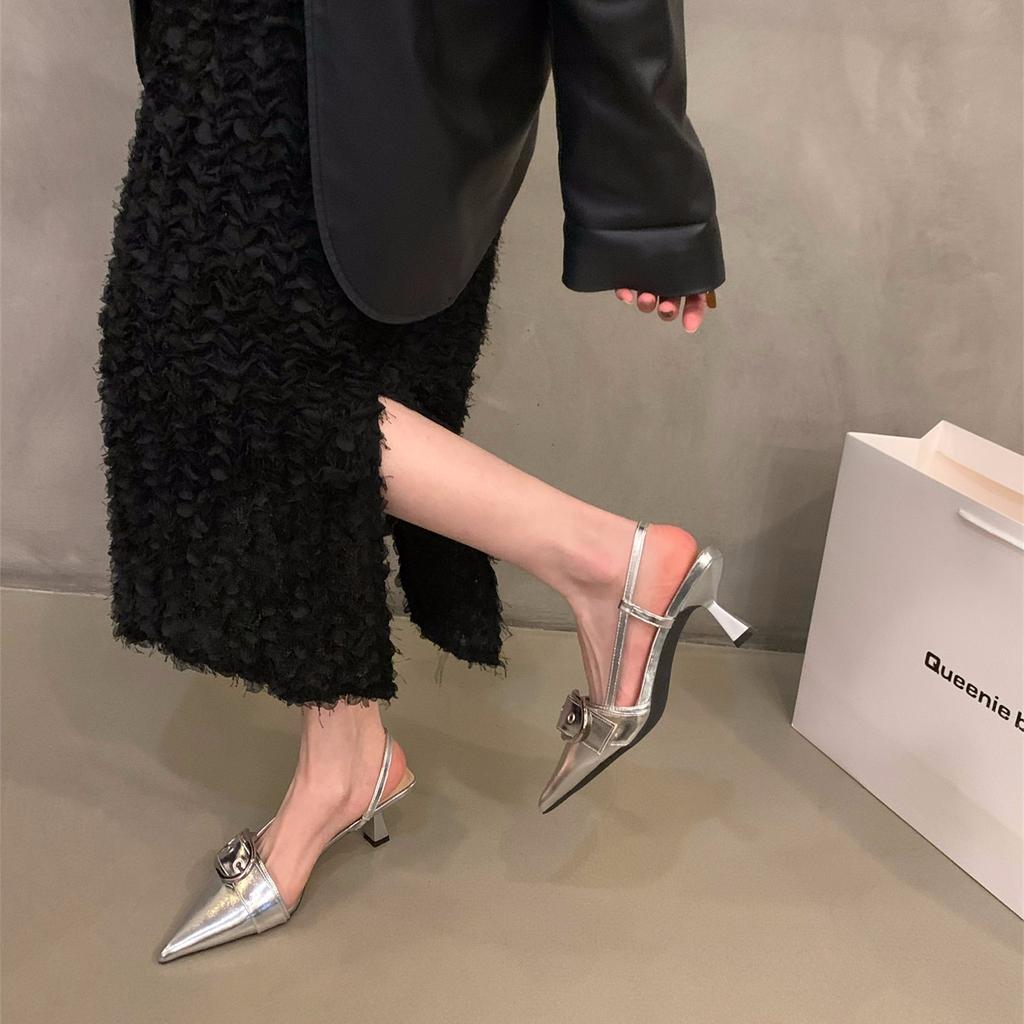 Niche French silver high heels bag head sandals fairy shoes 2025 new spring and summer temperament pointed single shoes