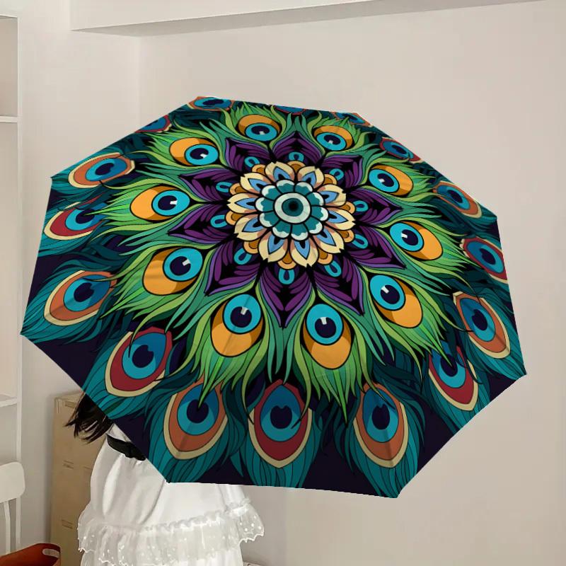 1pc Peacock Feather Mandala Design Umbrella with Plastic Handle,Suitable for All Seasons Home Travel Outdoor UmbrellaDD1082