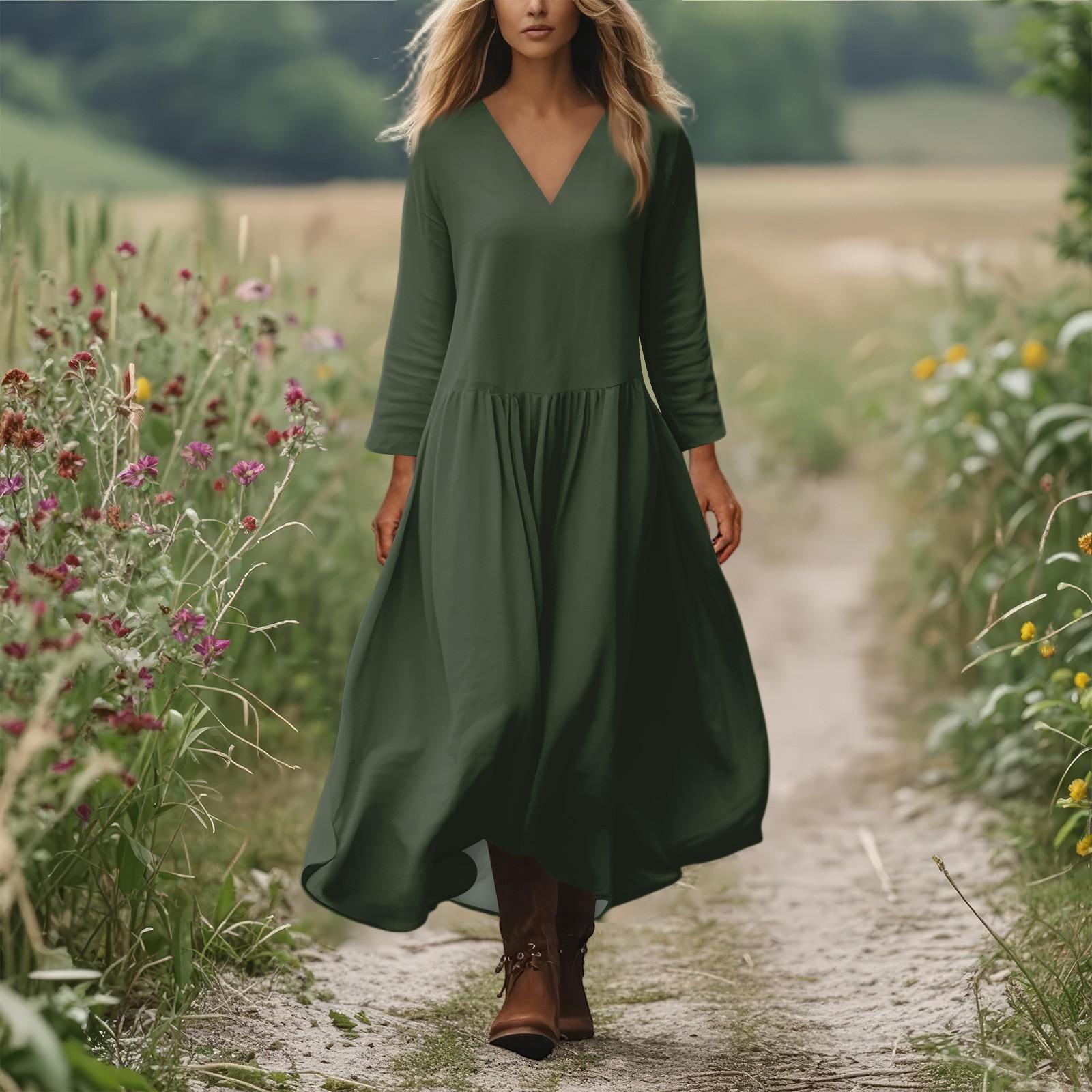 

Женское повседневное и модное платье с круглым вырезом и длинными рукавами средней длины M зелёный